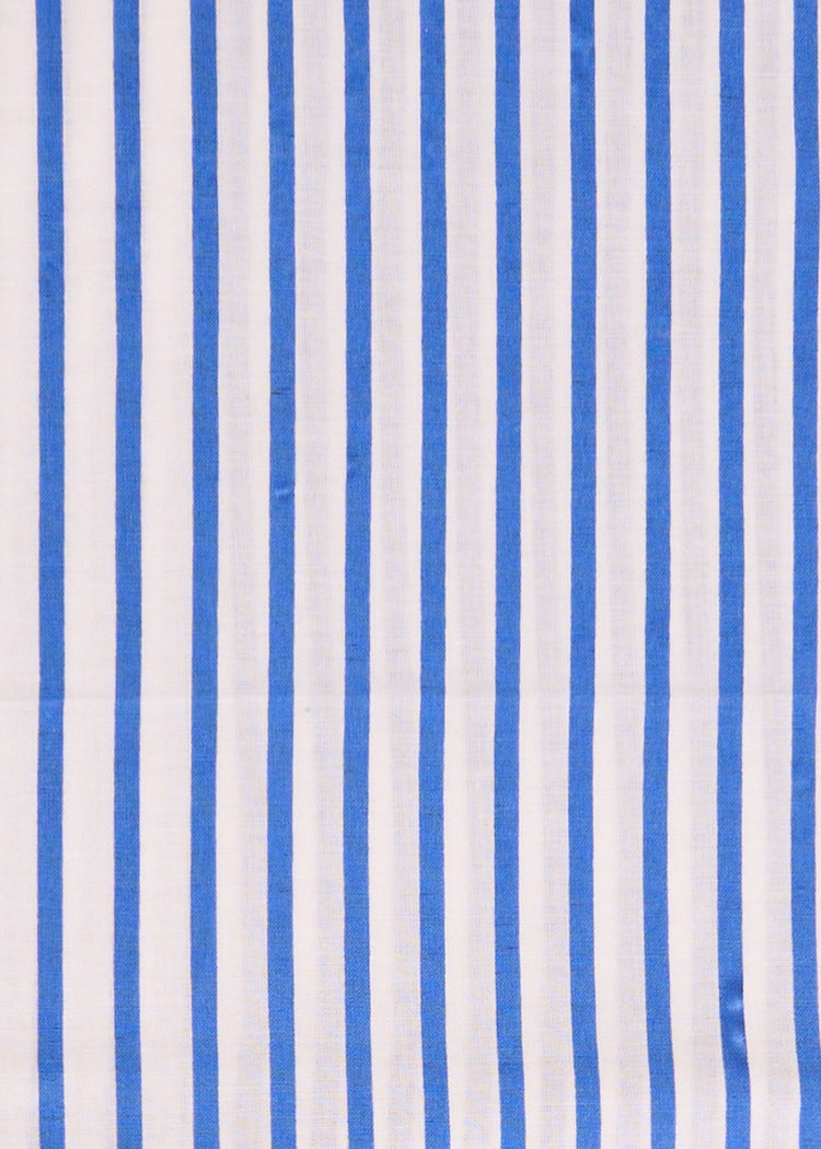 A close up of the UPF 50+ blue and white striped woven fabric on the Cabana Life Palm Beach Sleeveless Tiered Maxi Dress.