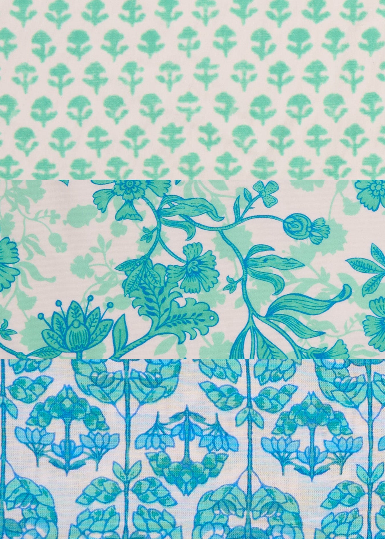A mix of green and blue floral prints from Cabana Life's Rosebay Collection of sun protective fabrics.