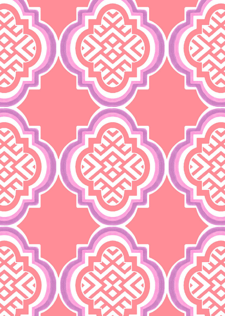 Pattern of interlocking shapes on a pink background