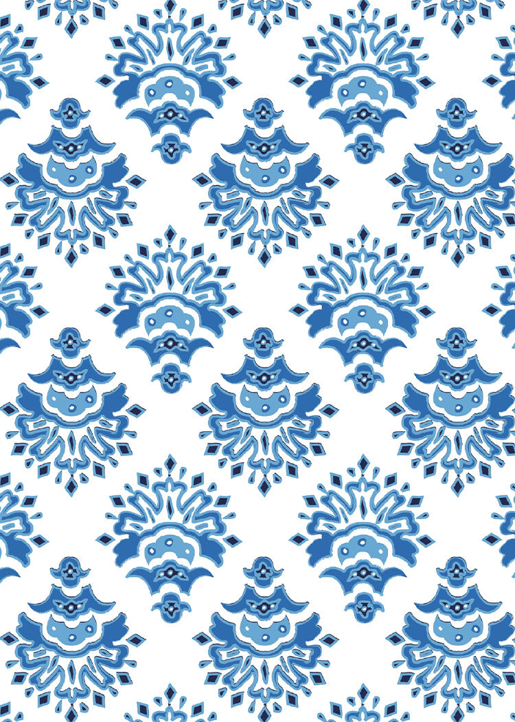 Blue and white patterned design on a white background