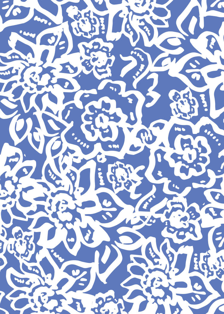 White floral pattern on a blue background