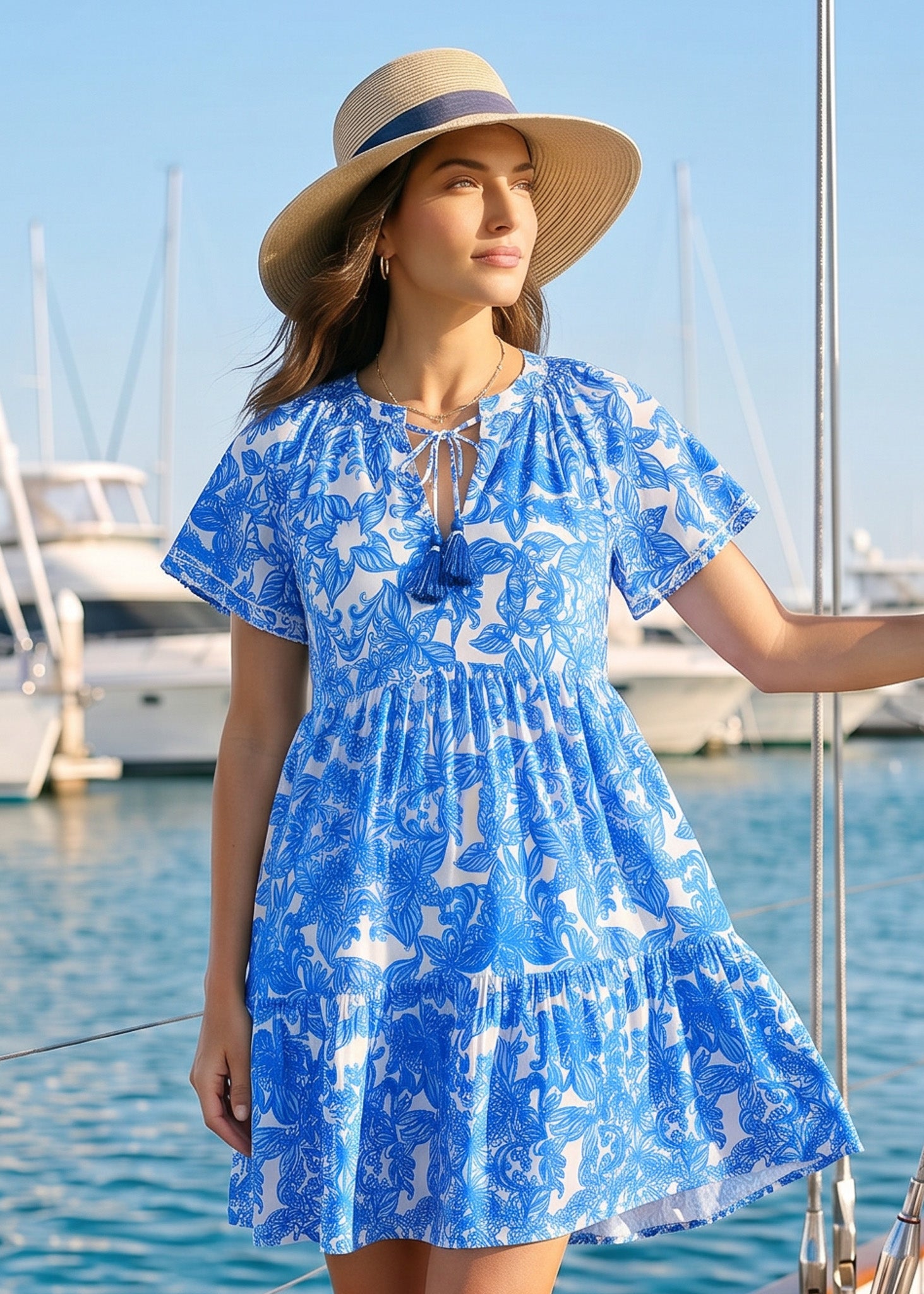 Woman in a blue floral dress and sun hat by a marina