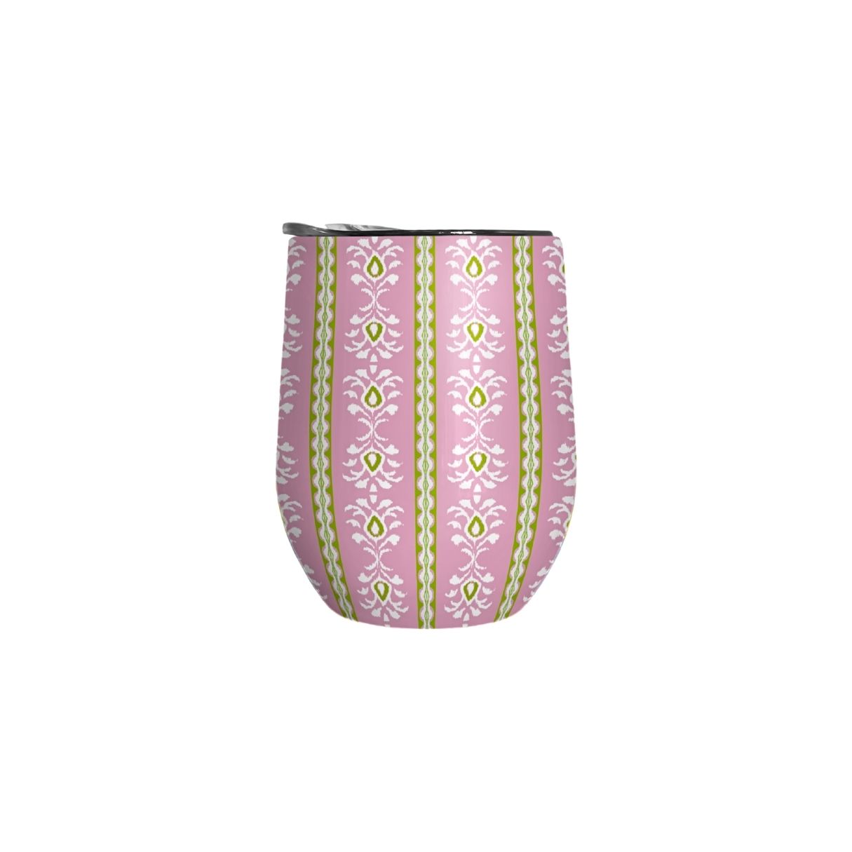 Pink tumbler with green and white pattern on a white background