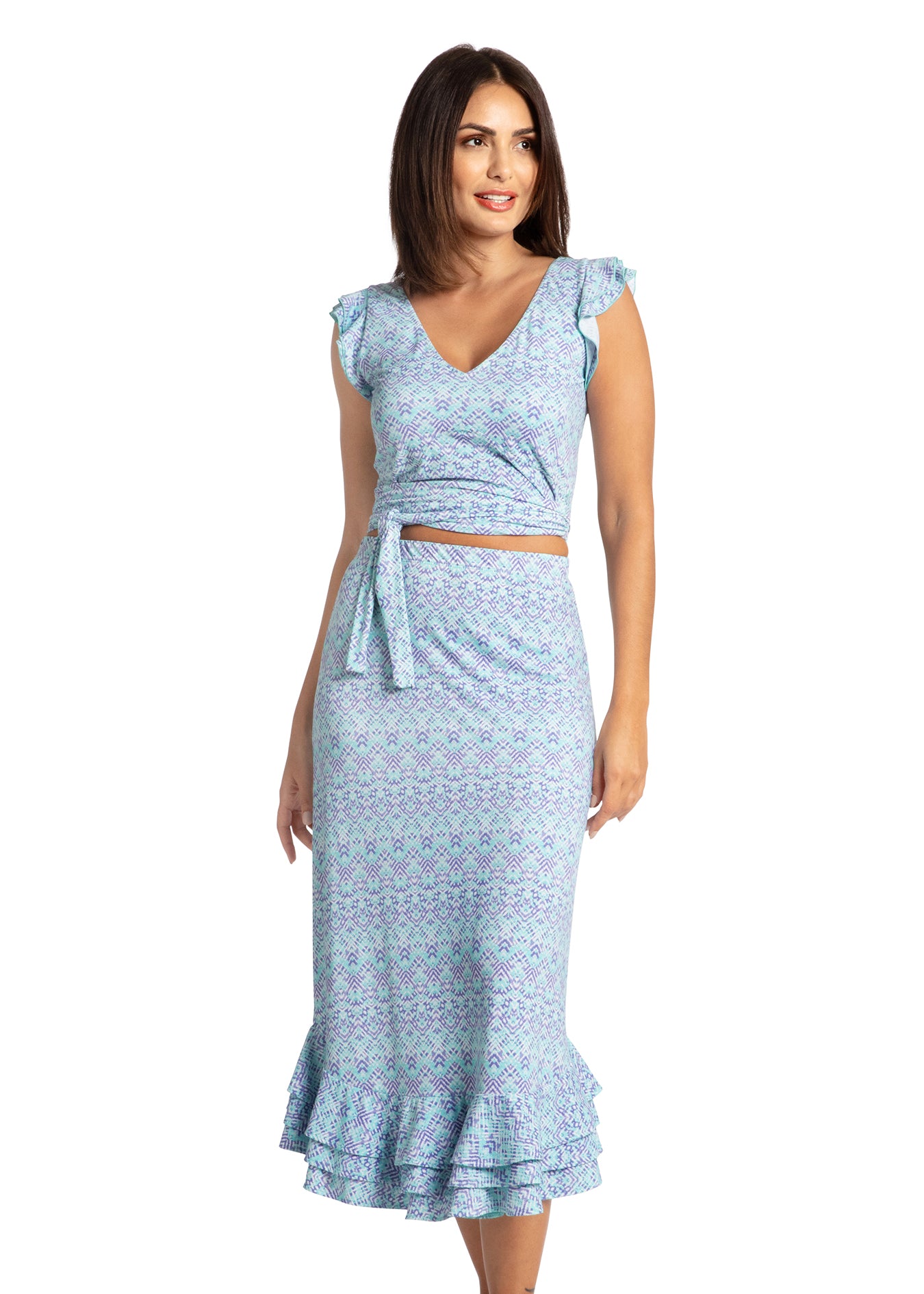 Woman wearing Naples V-Neck Wrap Top and skirt.