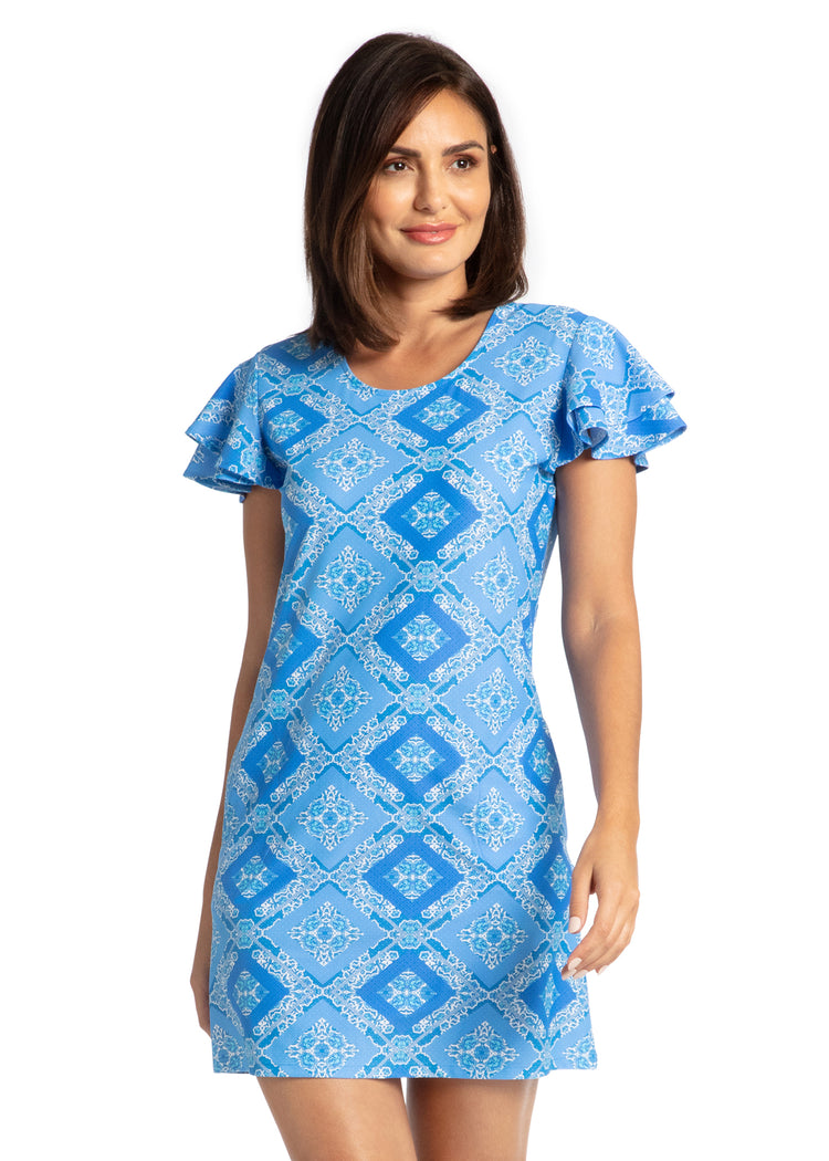 Woman wearing Windermere Ruffle Short Sleeve Dress.