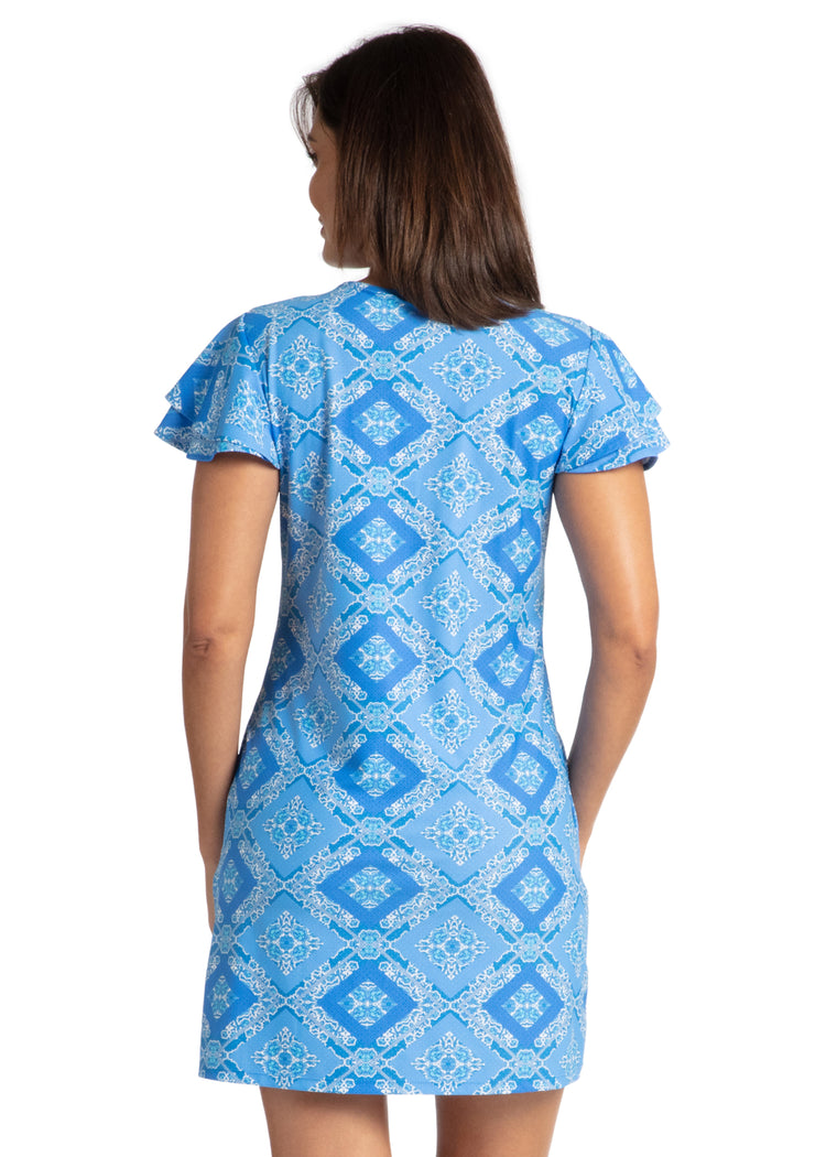 Woman wearing Windermere Ruffle Short Sleeve Dress.