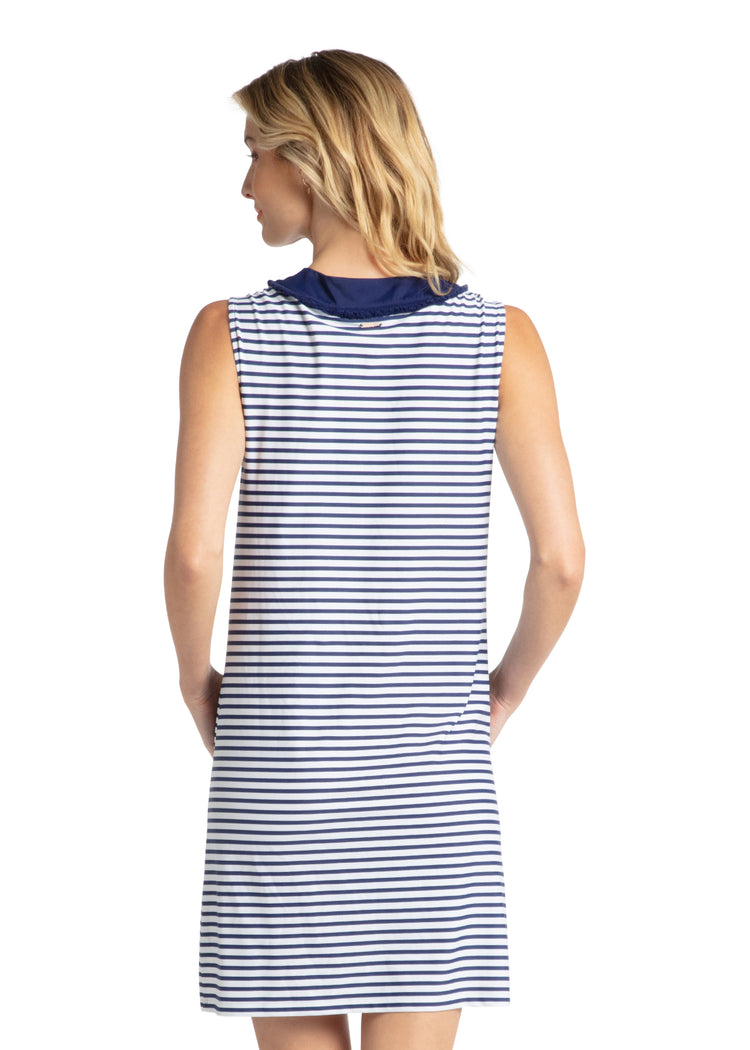 Woman wearing Navy Stripe Sleeveless Tunic Dress.