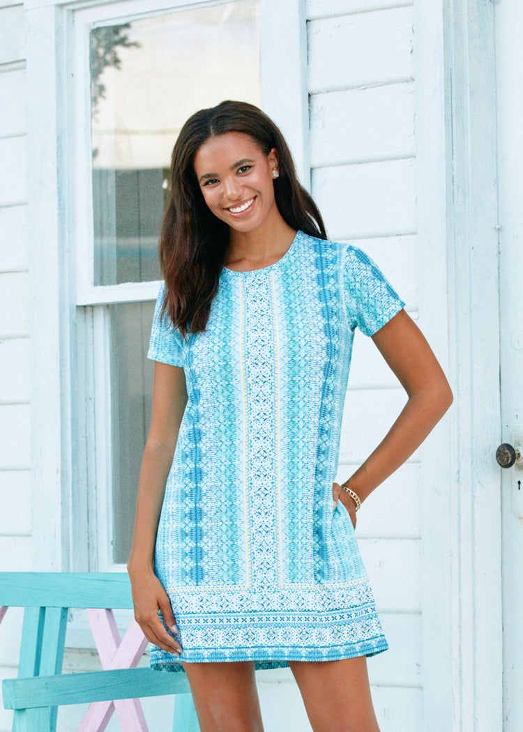 Woman wearing Coastal Cottage Short Sleeve Shift Dress.