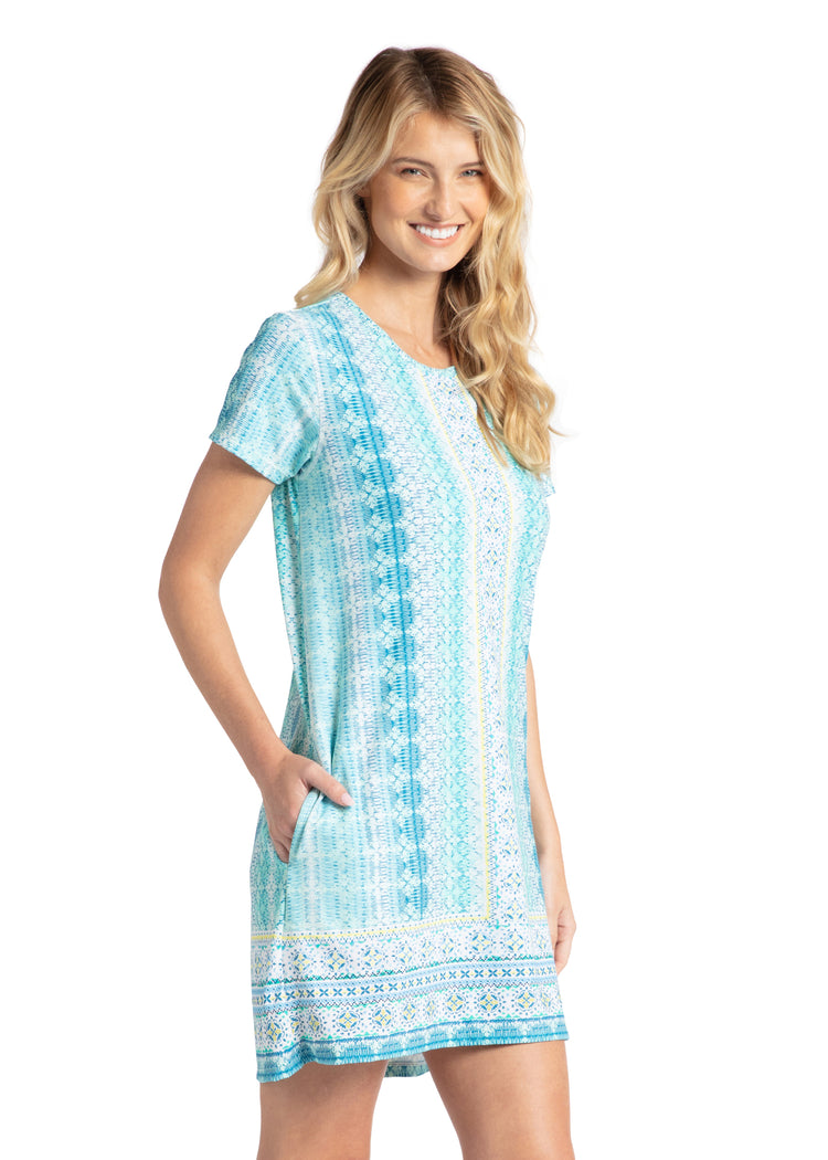 Woman wearing Coastal Cottage Short Sleeve Shift Dress.