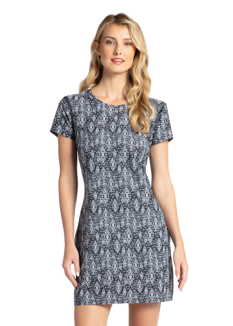 Woman wearing Sanibel Short Sleeve Shift Dress.