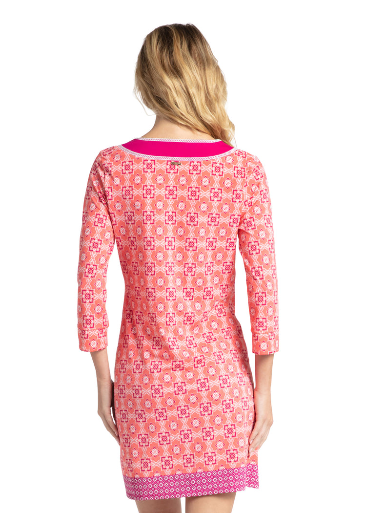 Woman wearing Coral Gables Embroidered Tunic Dress.