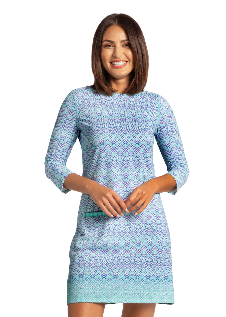 Woman modeling front of Naples Cabana Shift Dress.