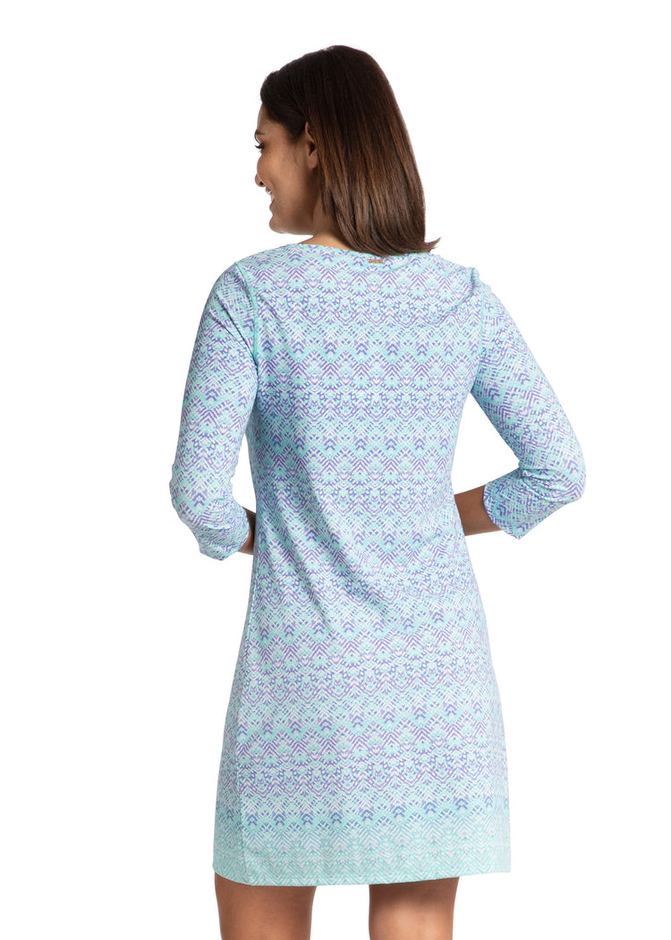 Woman modeling back of Naples Cabana Shift Dress.