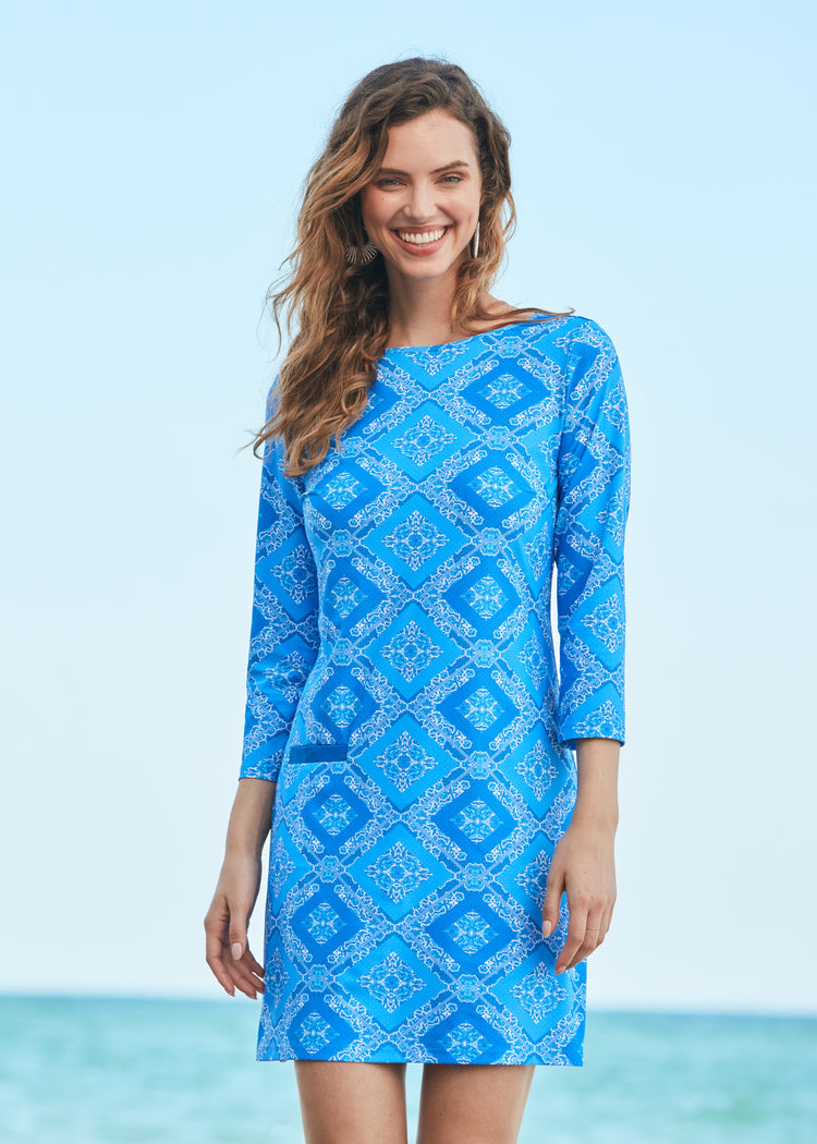 Woman in front of ocean wearing Windermere Cabana Shift Dress.