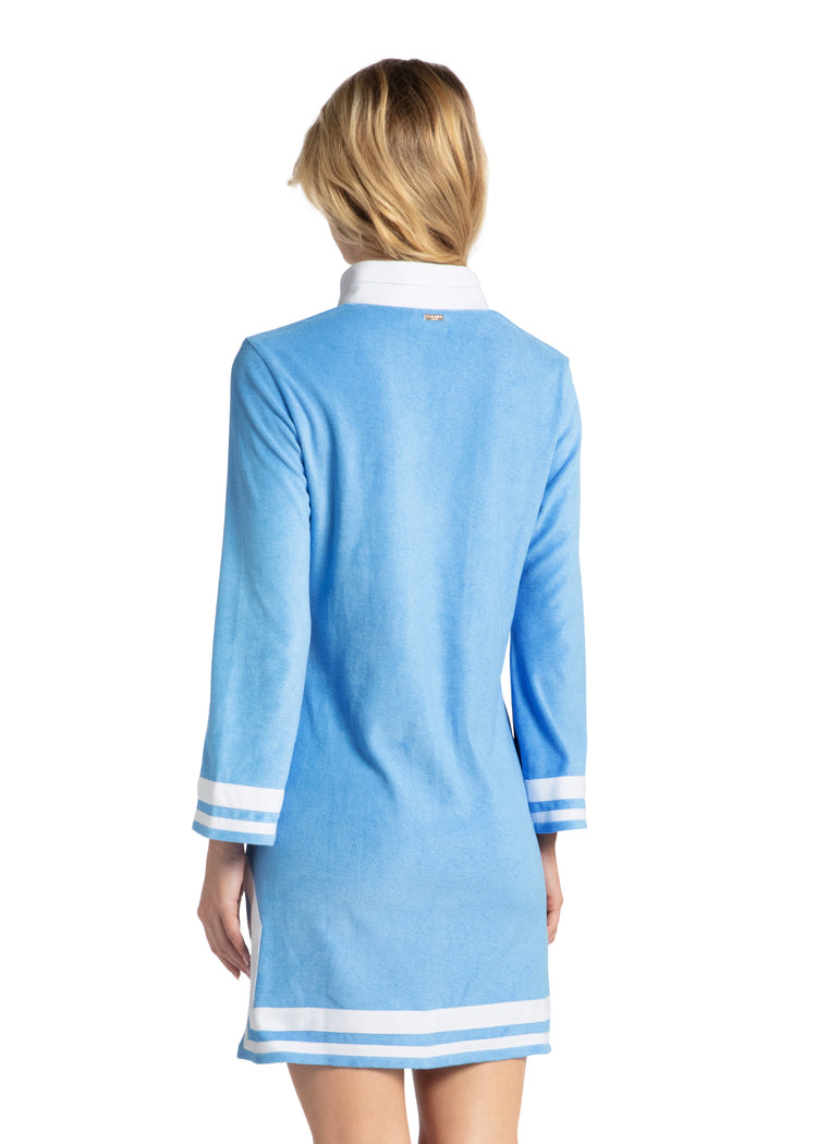 Woman wearing Blue/White Trim Terry Tunic