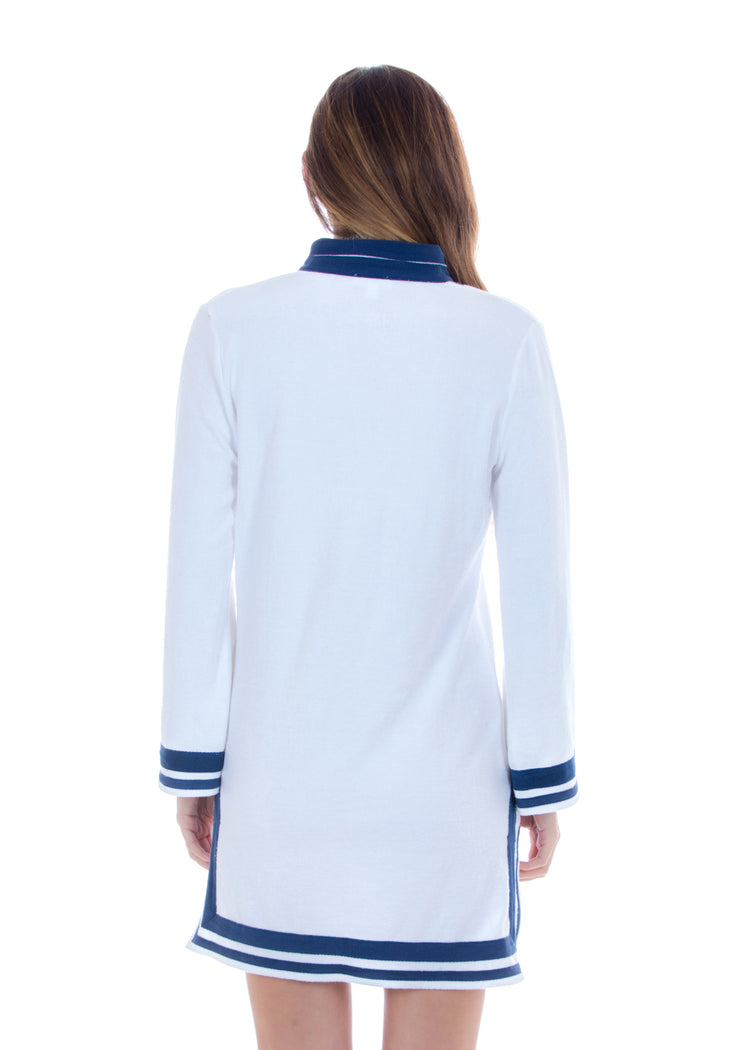 Woman wearing White/Navy Trim Terry Tunic