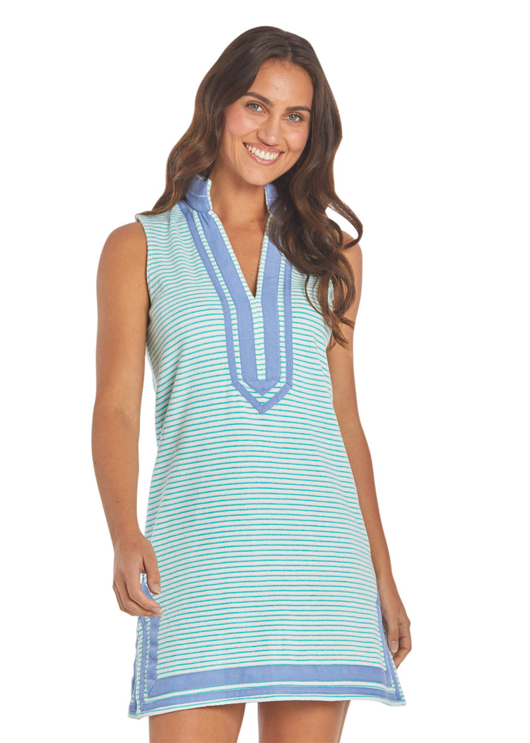 Woman wearing Mint Stripe Sleeveless Terry Tunic