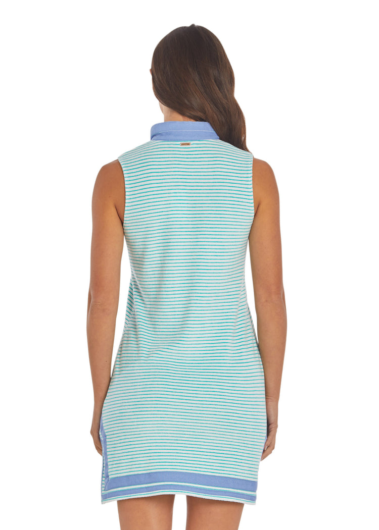 Woman wearing Mint Stripe Sleeveless Terry Tunic