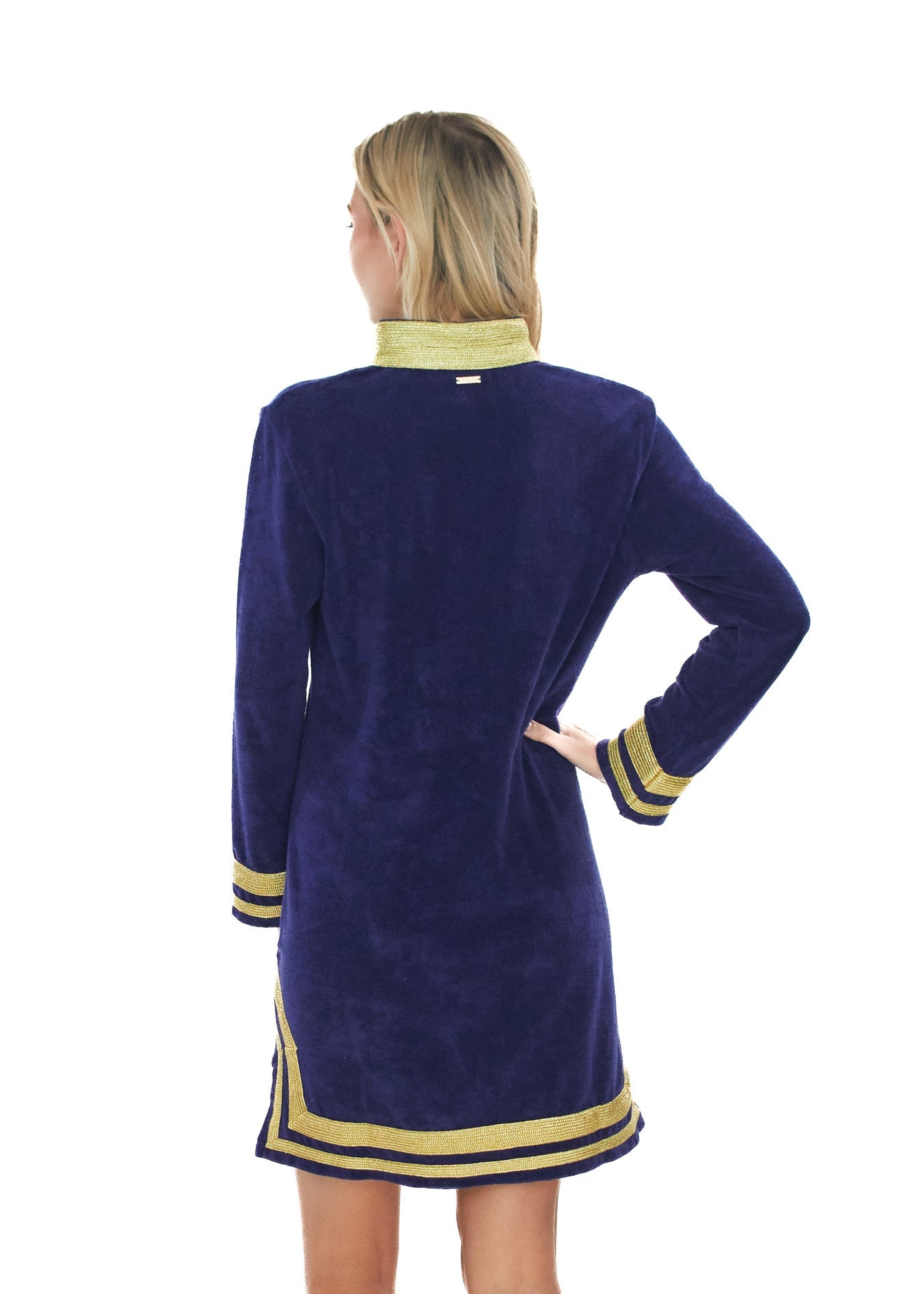 The back view of the sun protective Cabana Life Navy/Gold Terry Tunic. 