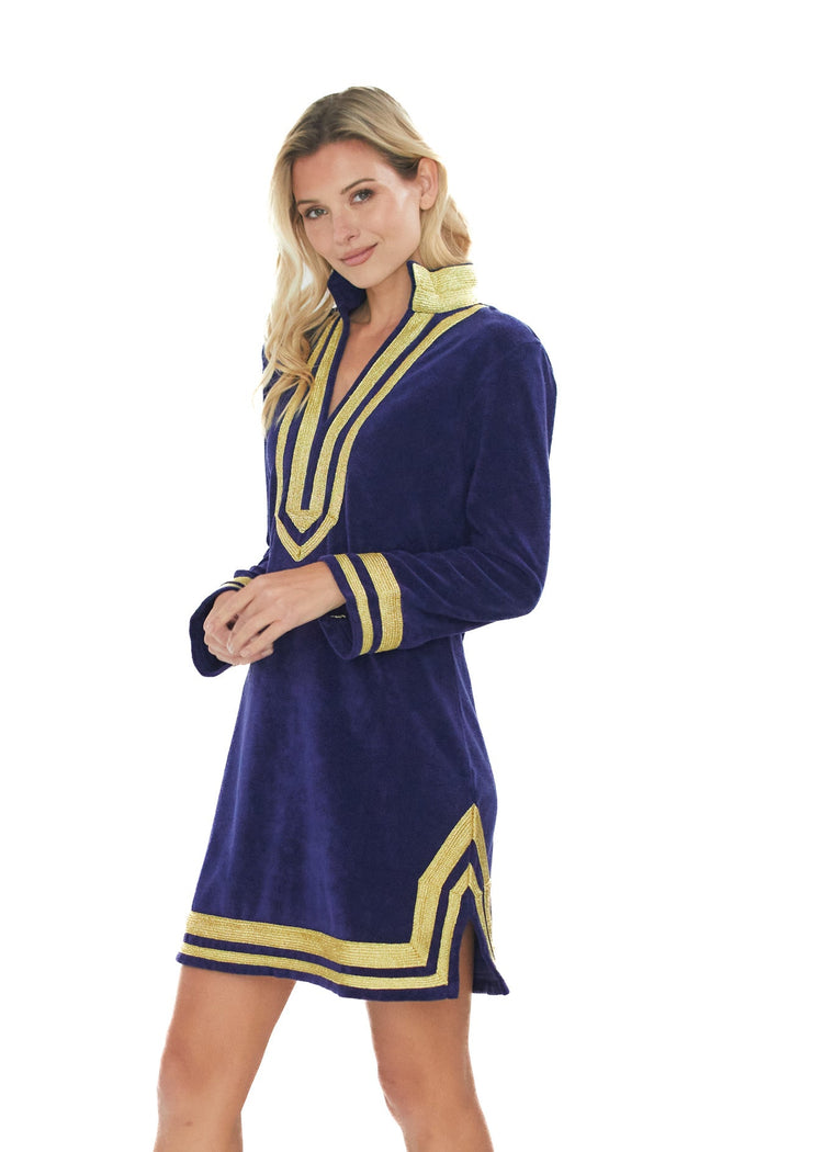 The side view of the comfortable UPF50+ Cabana Life Navy/Gold Terry Tunic. 