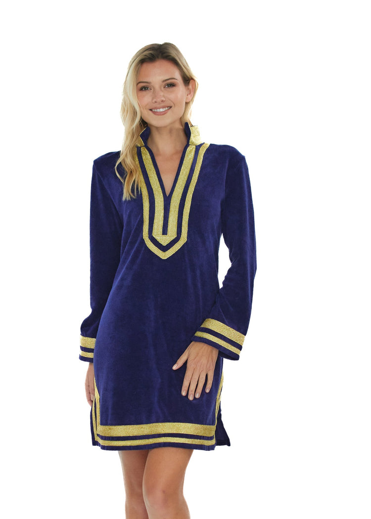 A front facing studio image featuring the cozy, sun protective Cabana Life Navy/Gold Terry Tunic.
