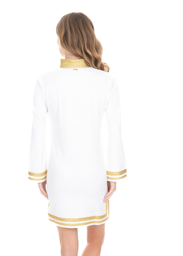 The back view of the sun protective Cabana Life White/Gold Terry Tunic.