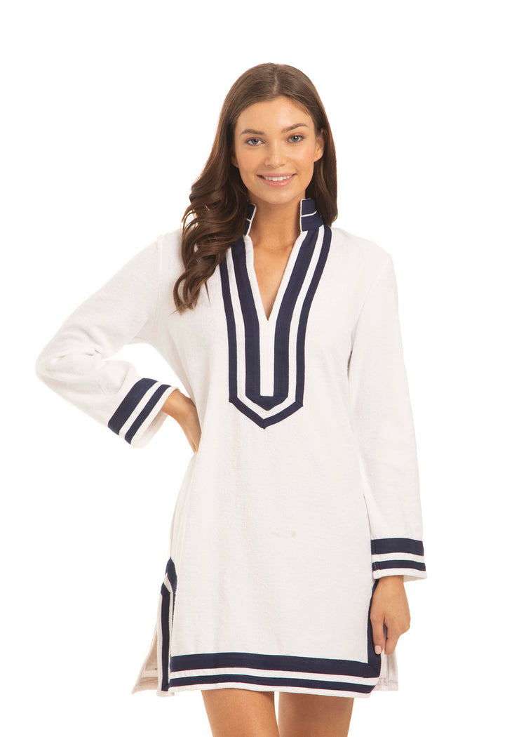 Woman wearing White/Navy Trim Terry Tunic