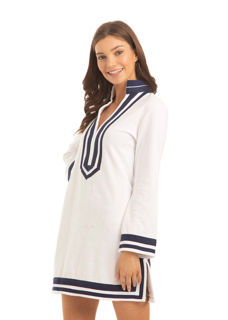 Woman wearing White/Navy Trim Terry Tunic