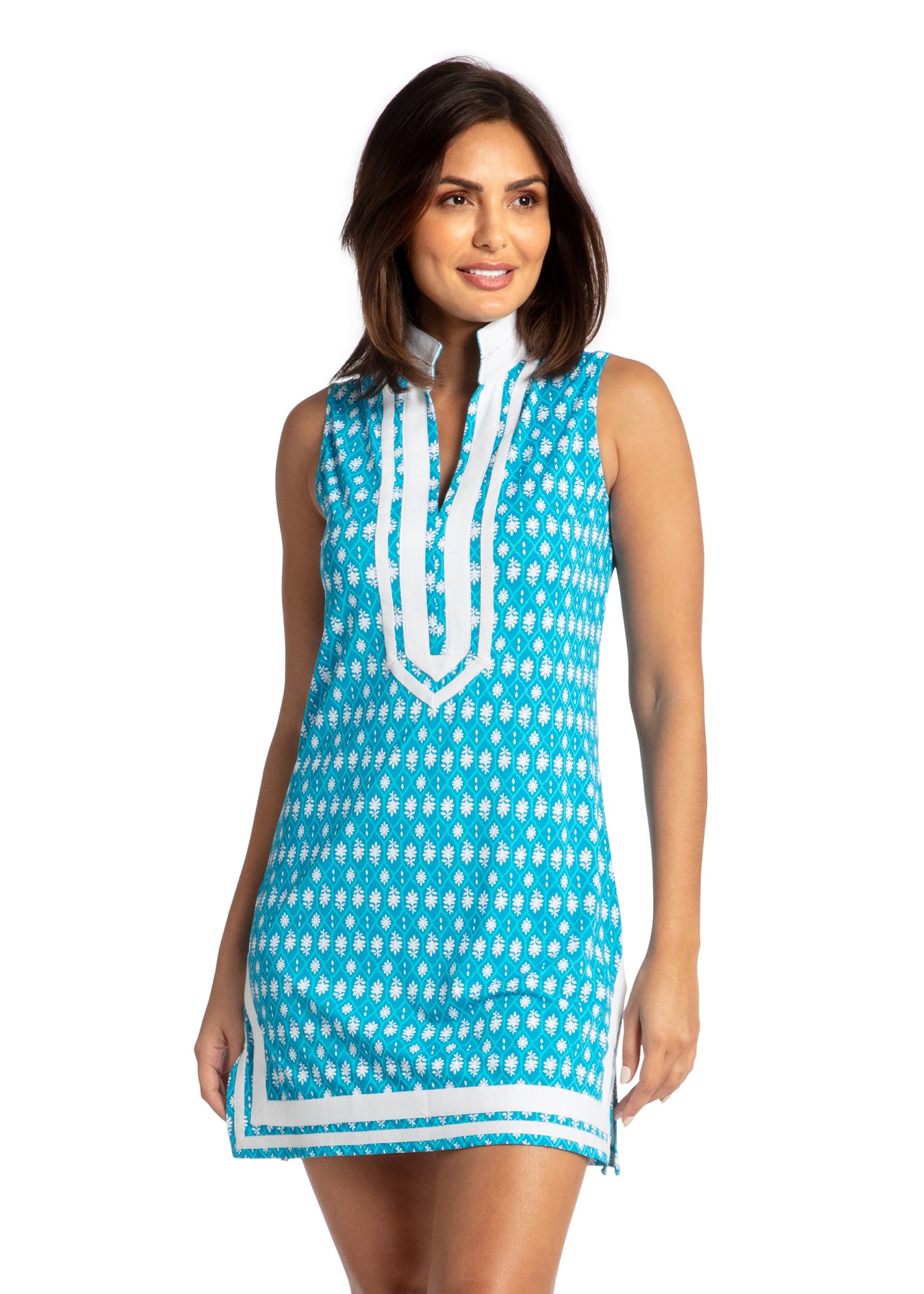 Woman modeling front of Palm Valley Sleeveless Tunic Dress.