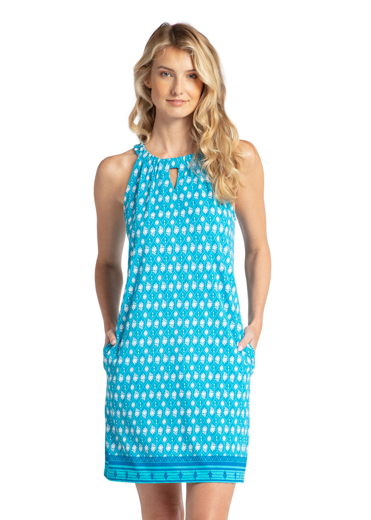 Woman modeling front of Palm Valley Sleeveless Shift Dress