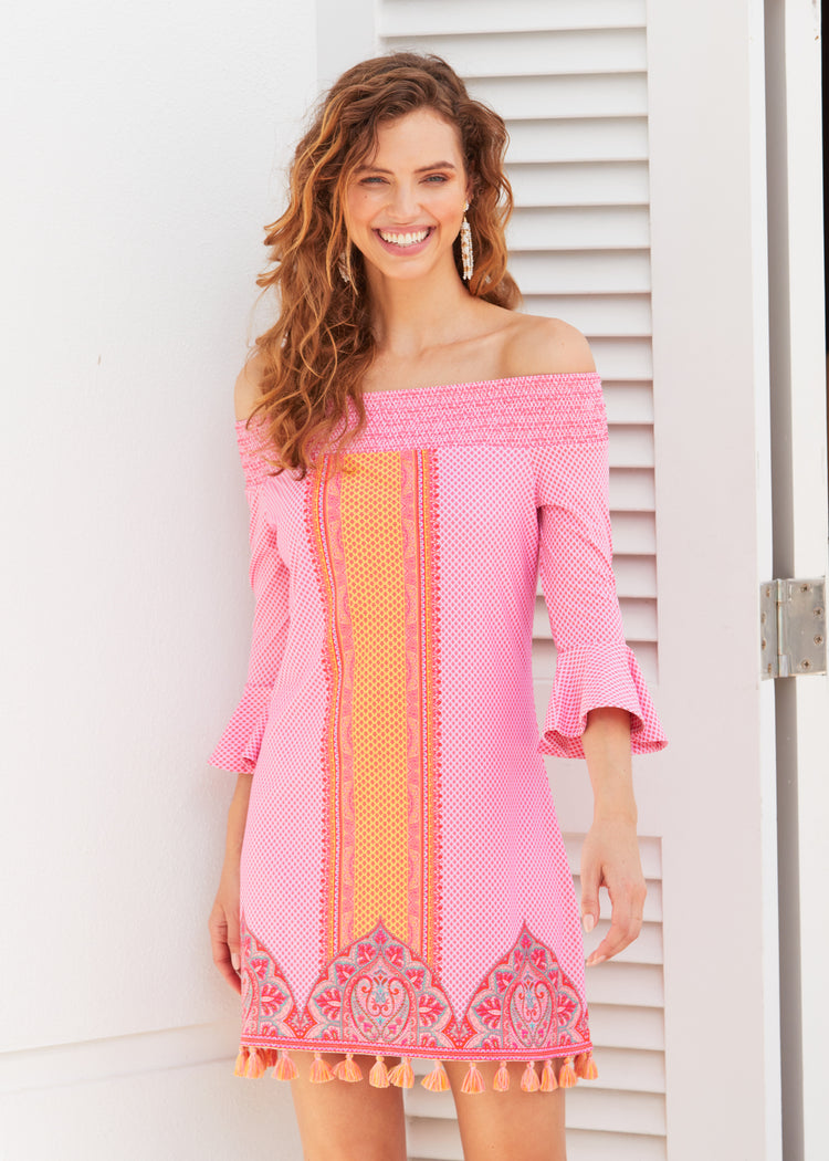 Woman wearing Boca Raton Off The Shoulder Dress.