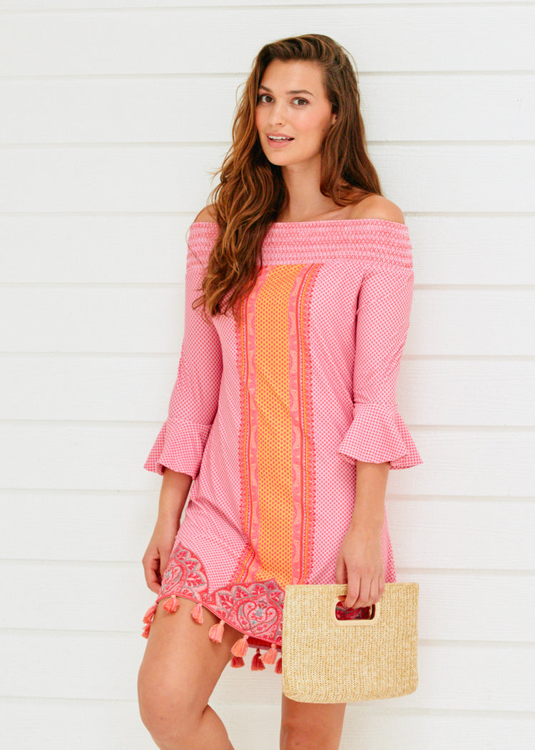 Woman wearing Boca Raton Off The Shoulder Dress.
