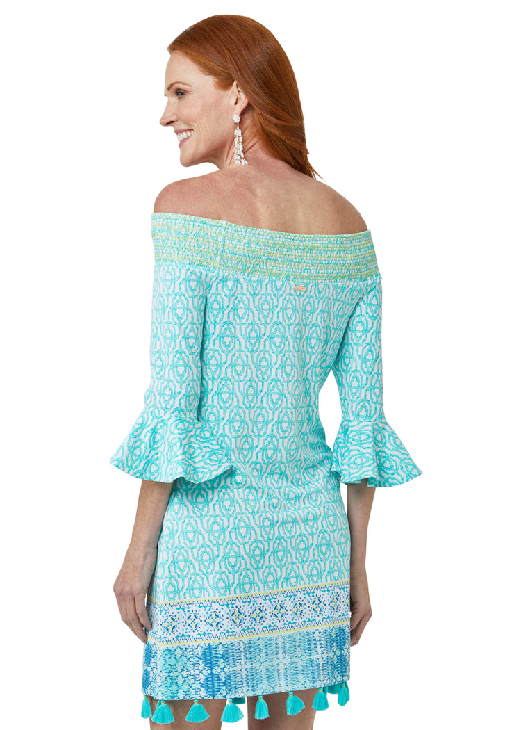 Woman wearing Coastal Cottage UPF 50+ Off the Shoulder Dress