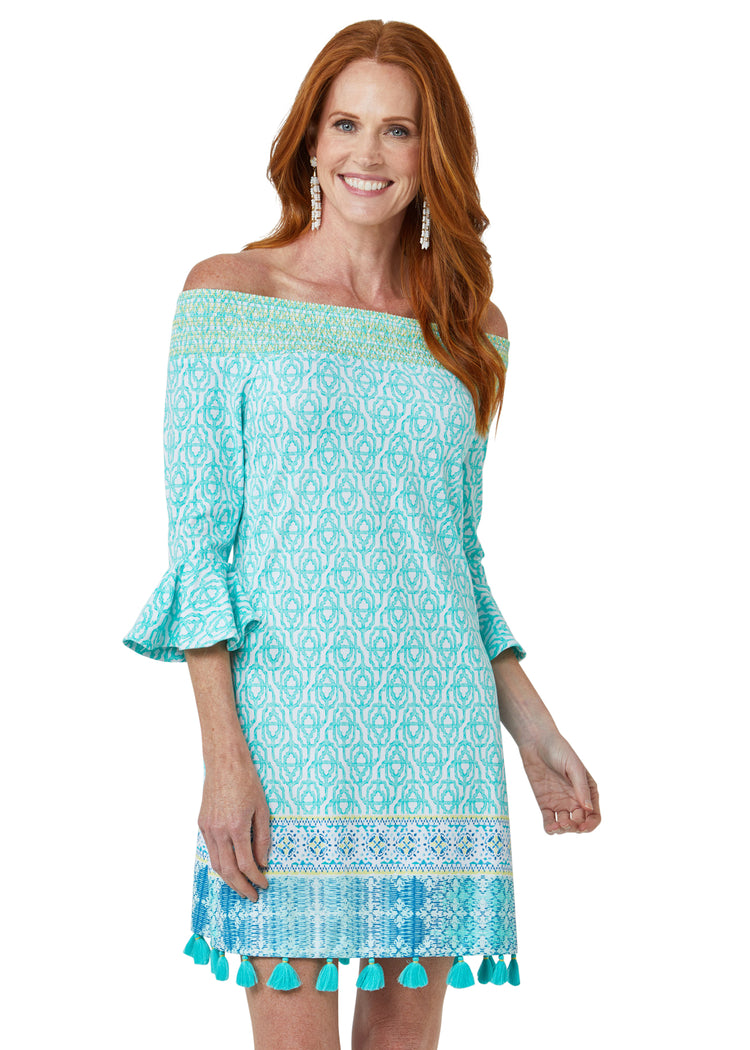 Woman wearing Coastal Cottage UPF 50+ Off the Shoulder Dress