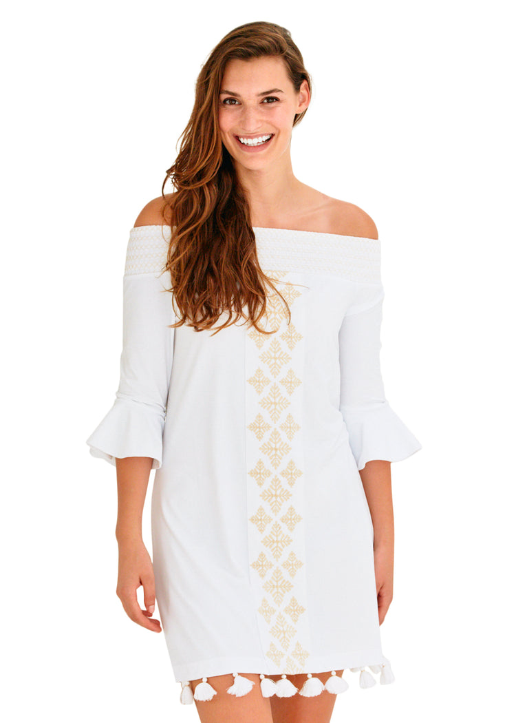 Woman wearing White Embroidered Off The Shoulder Dress.