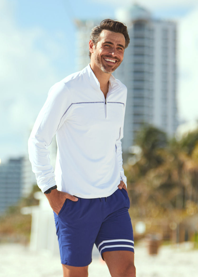 Man wearing Cabana Life White Sport Zip Top with UPF 50+