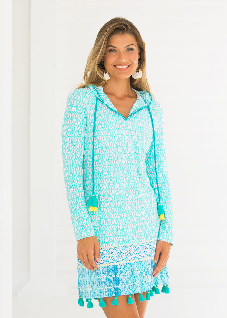 Woman wearing Coastal Cottage UPF 50+ Hooded Cover Up