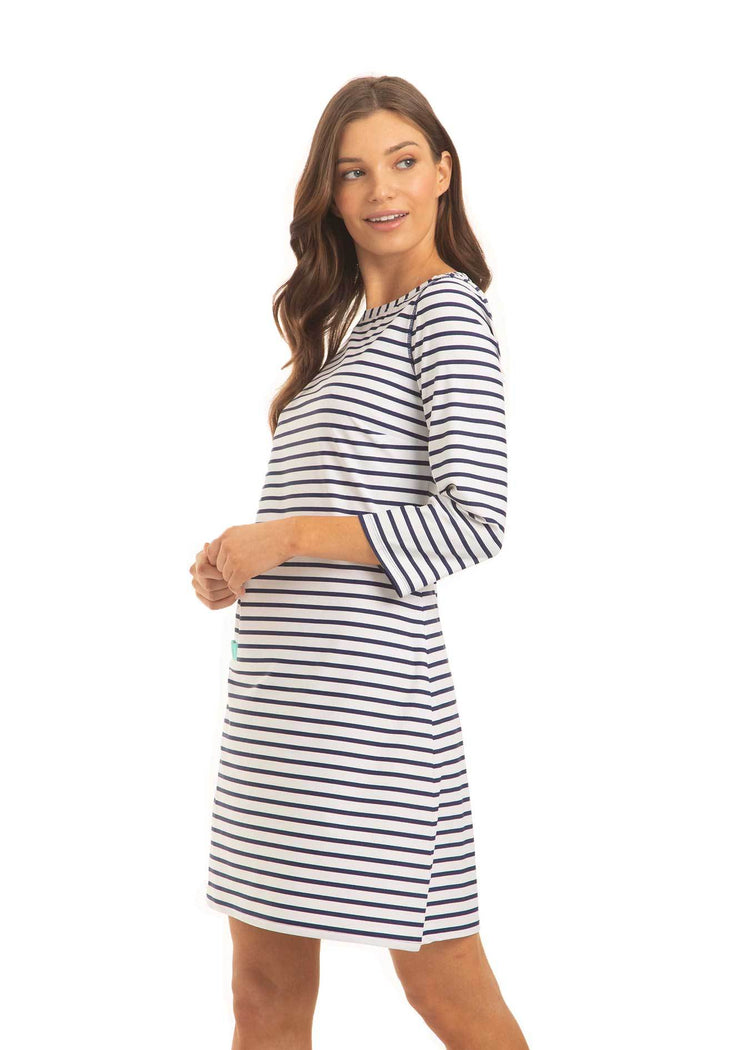 Woman wearing Navy Stripe Cabana Shift Dress