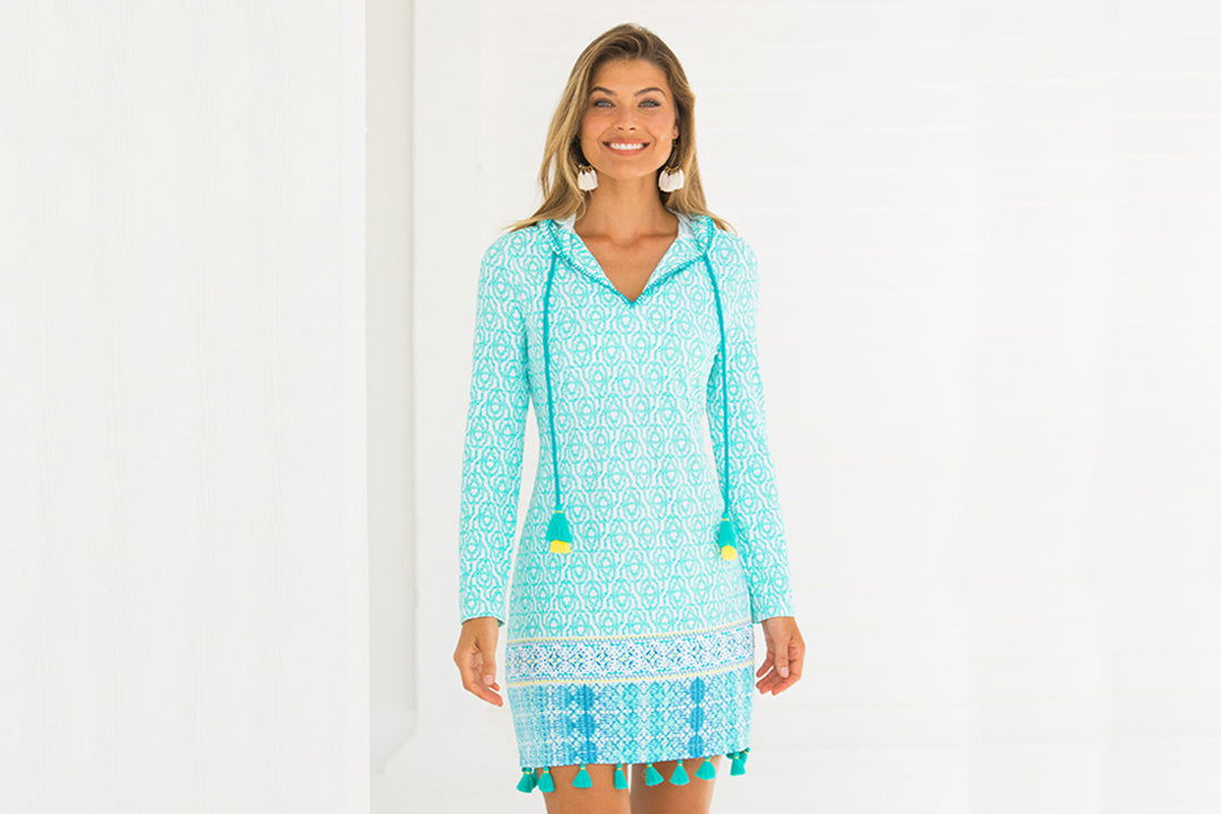 Woman wearing Coastal Cottage Hooded Cover Up