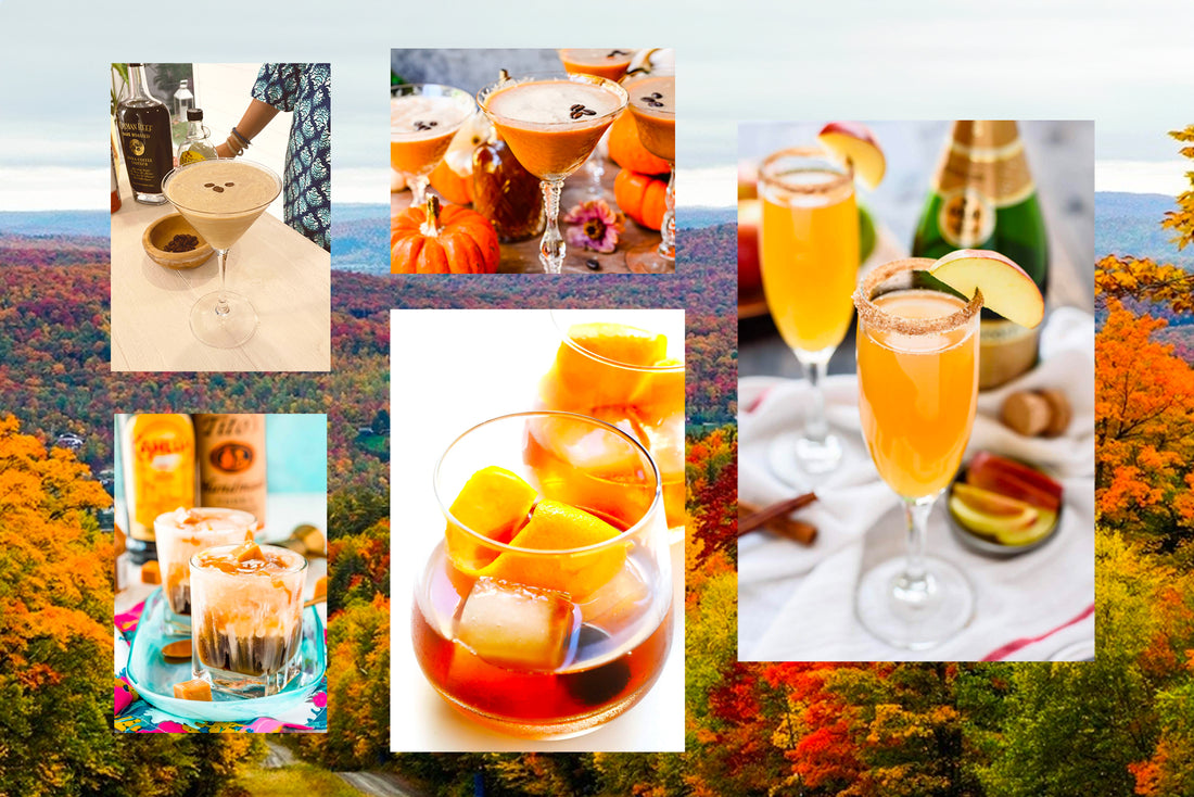 Collage of Fall cocktails on a fall leaf background