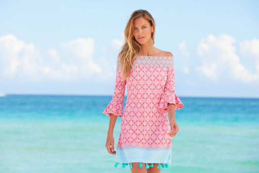 Woman wearing Cabana Life Coral Tides Off The Shoulder Dress