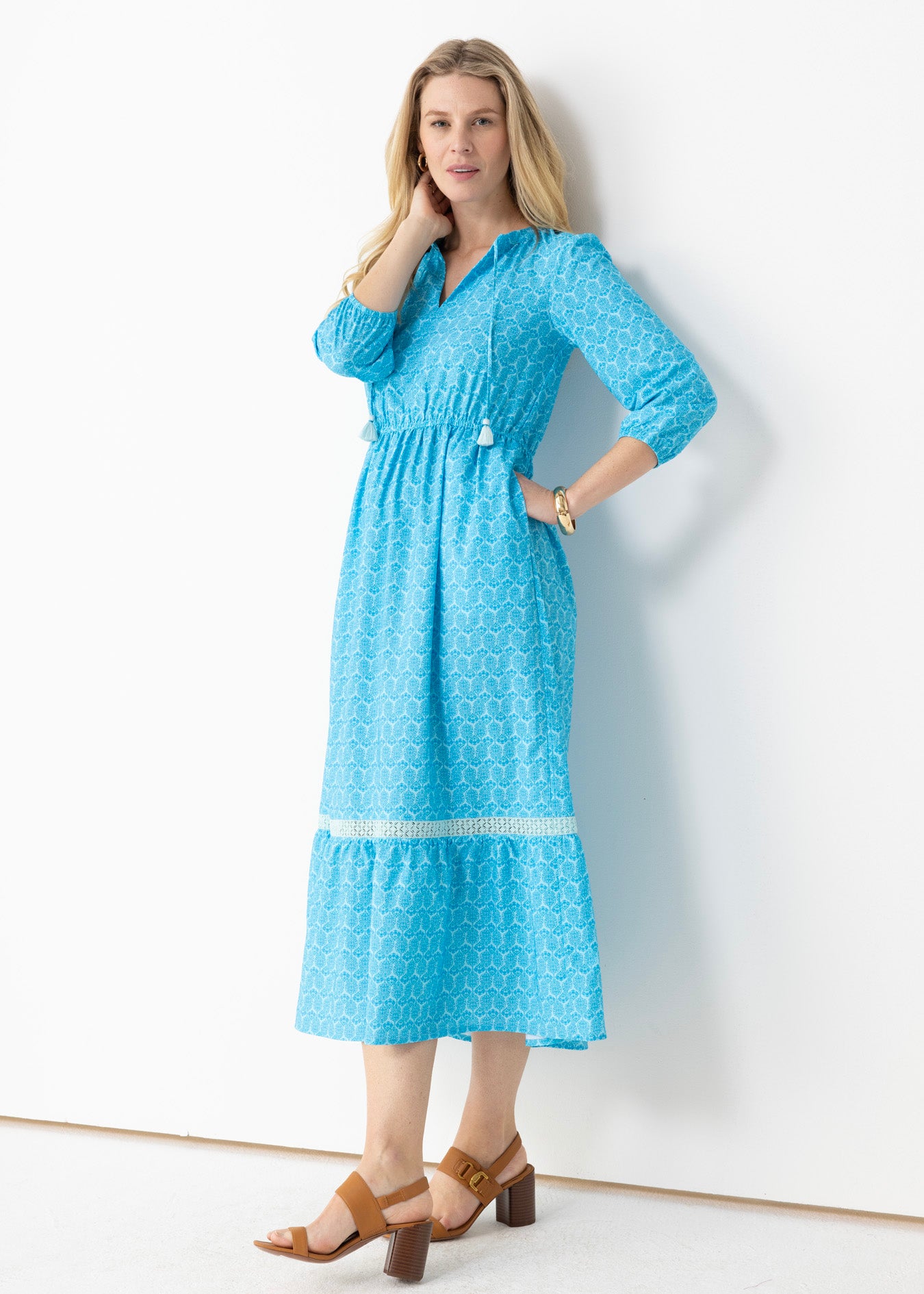 Blonde woman wearing Rosemary Beach Relaxed Maxi Dress in a studio.