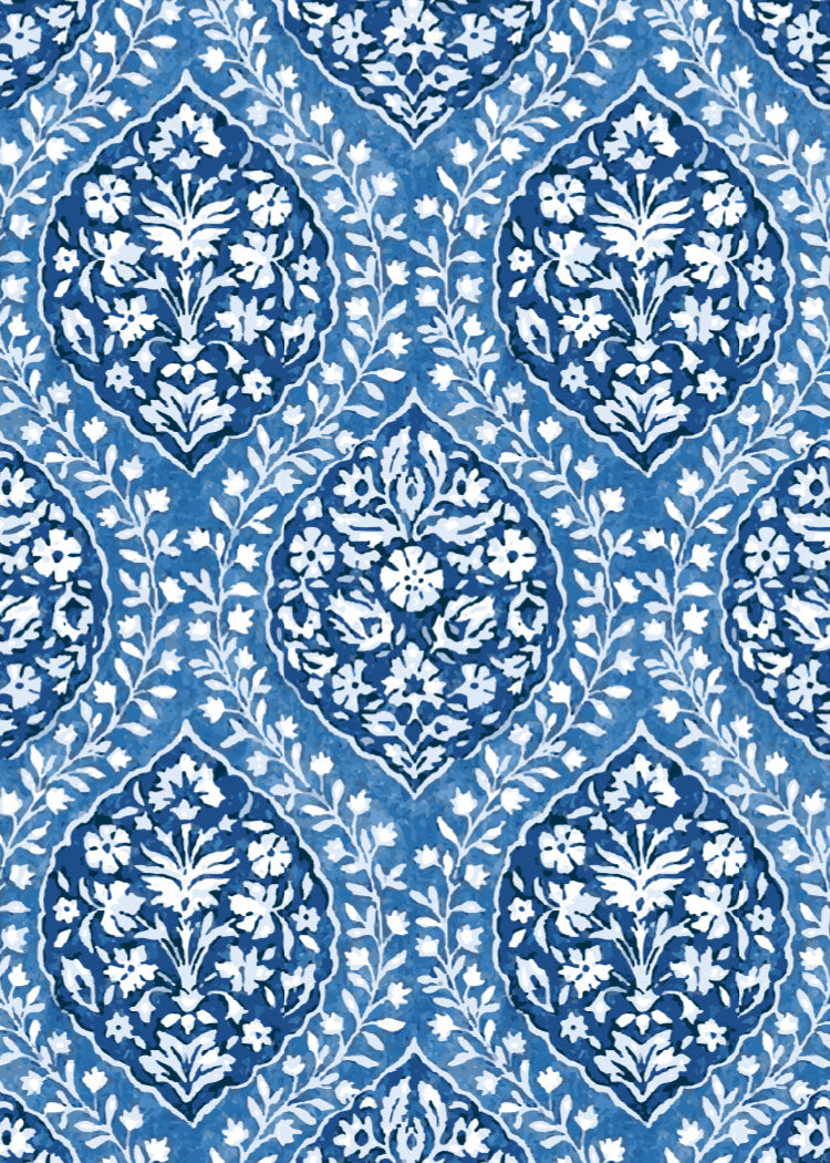 Blue and white floral damask pattern
