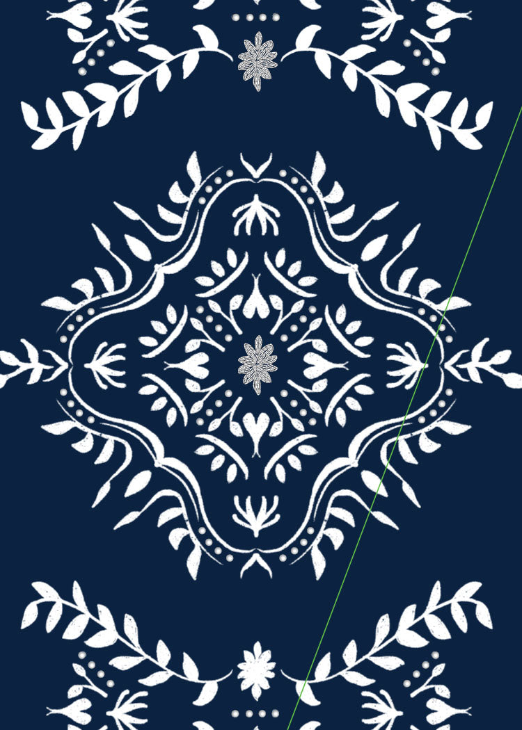 White floral and leaf pattern on a blue background