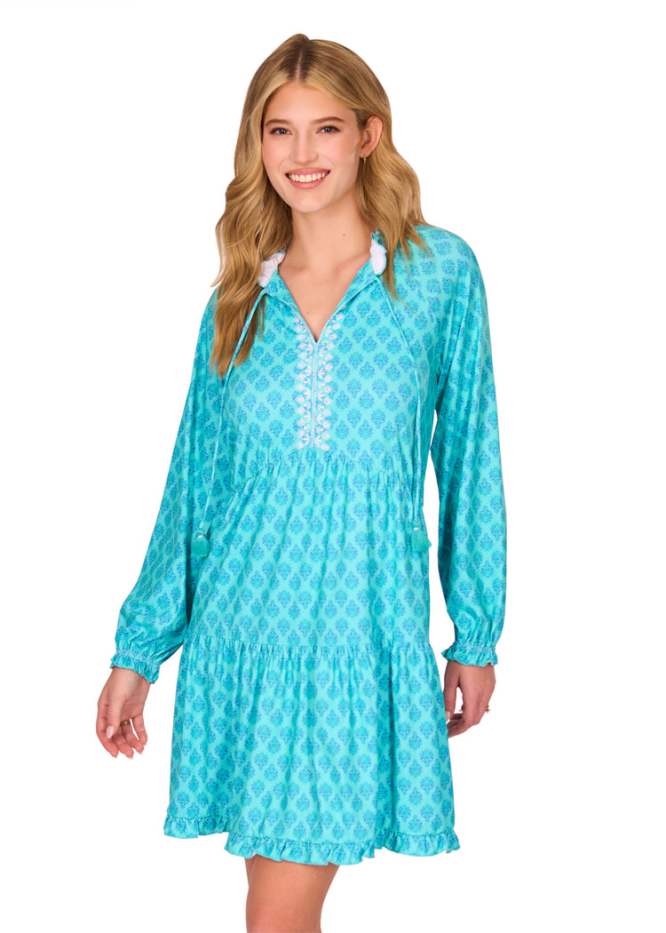 Front of blonde woman wearing Amalfi Coast Embroidered Tiered Dress