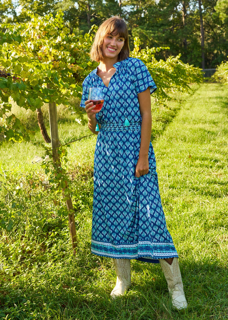 Woman wearing Kiawah Island Cap Sleeve Maxi Dress