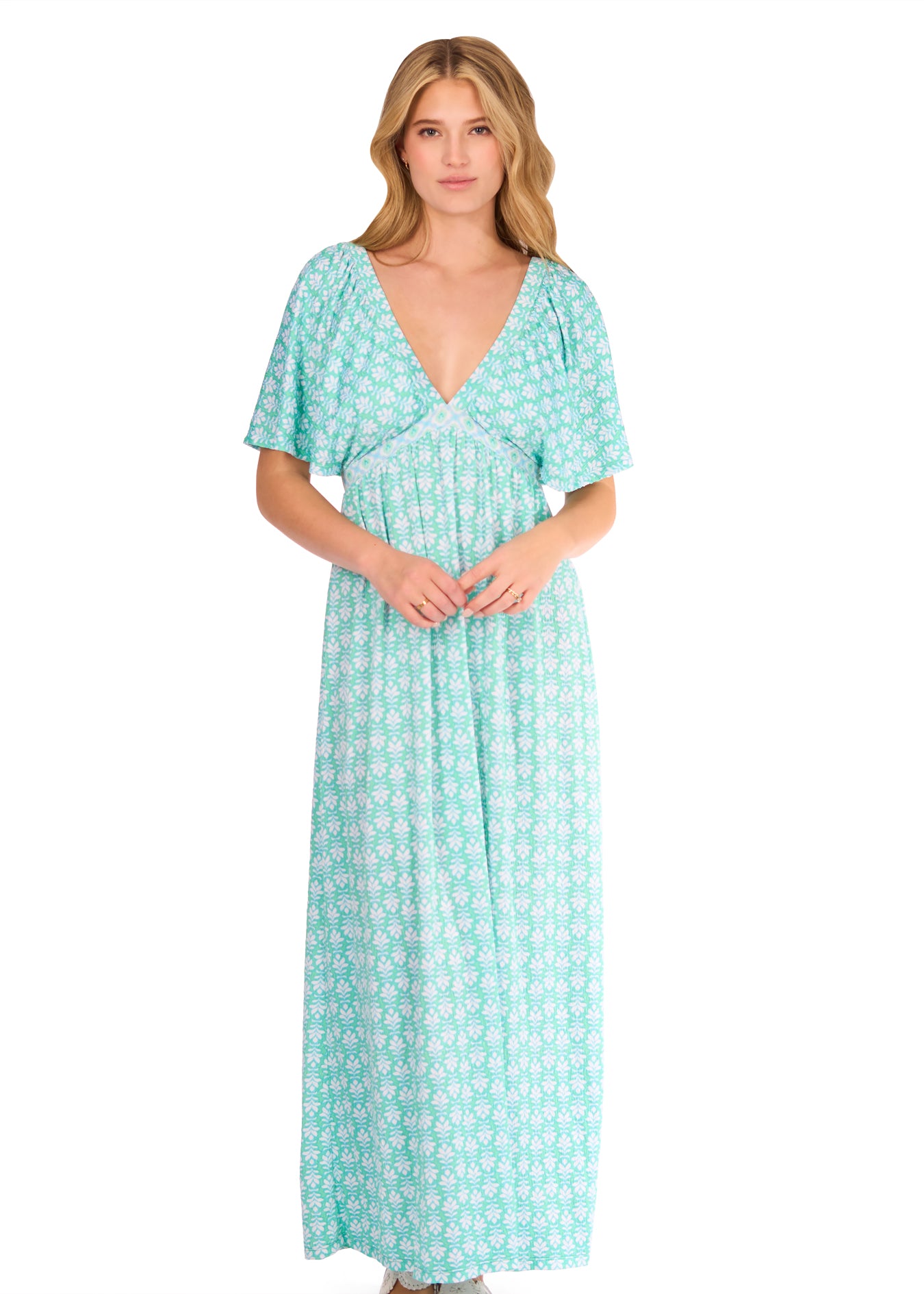 Woman in Cote d`Azur Flutter Sleeve Maxi Dress