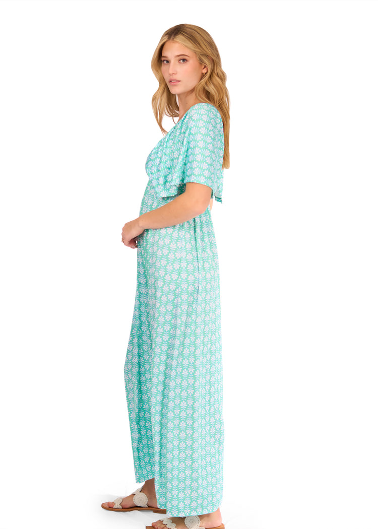 Side of woman in Cote d`Azur Flutter Sleeve Maxi Dress