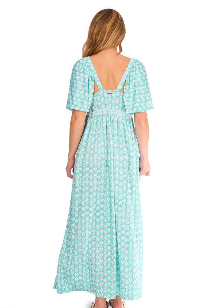 Back of woman in Cote d`Azur Flutter Sleeve Maxi Dress