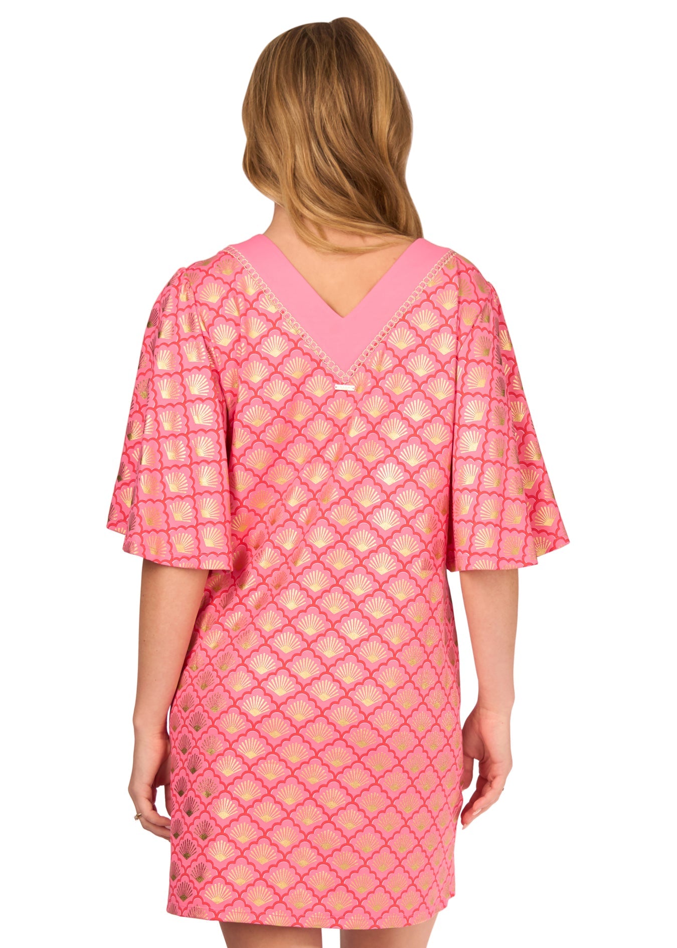 The back of a woman wearing the Coral Metallic Embroidered Flutter Sleeve Shift Dress on a white background.